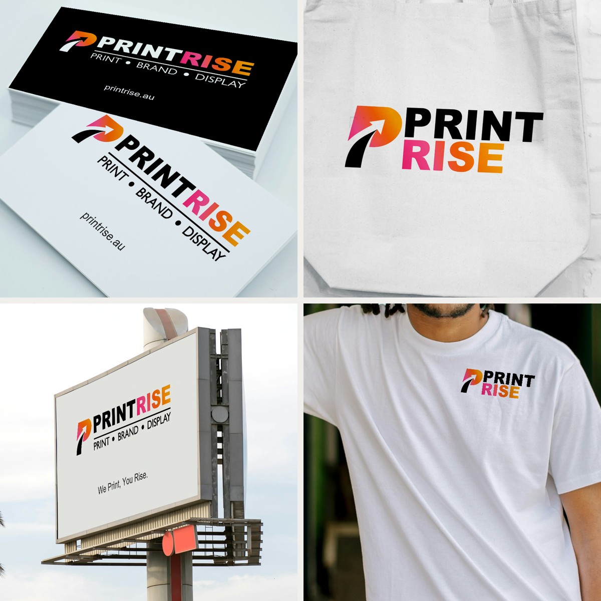 Print Rise business cards, promotional tote, billboard and team shirt mockups