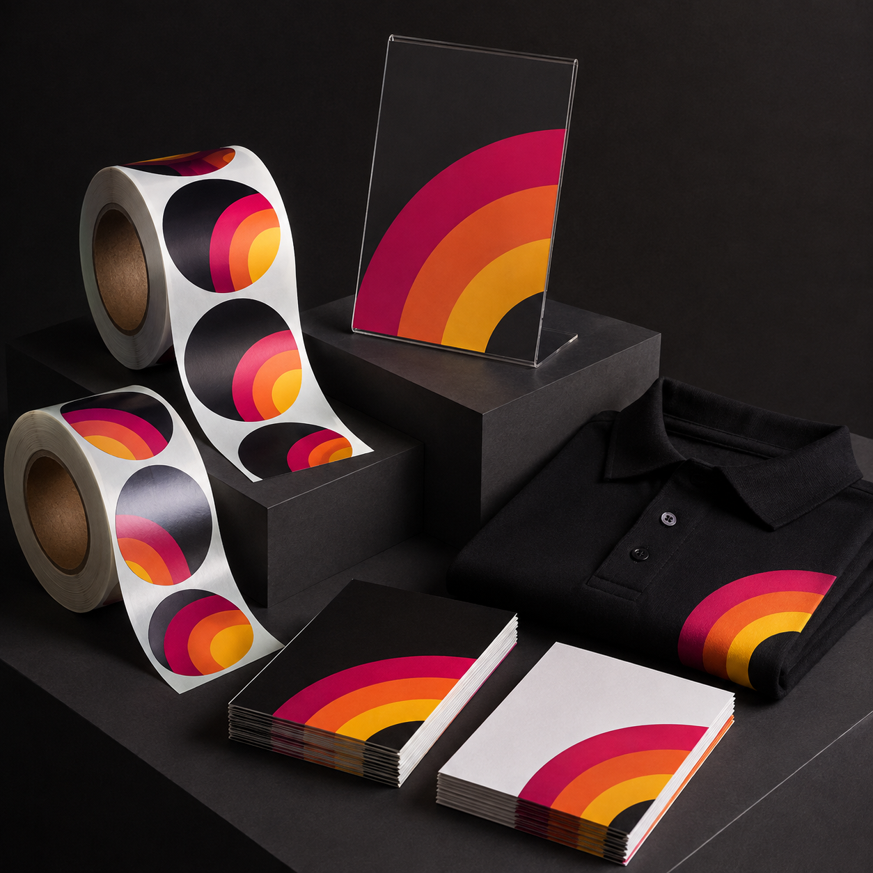 Illustrative product mockups of printed sticker rolls, display signage, flyers and a branded polo shirt