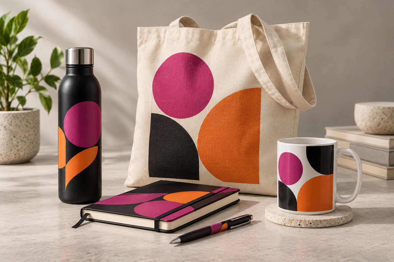 Promotional bottles, tote bag, stationery and mug